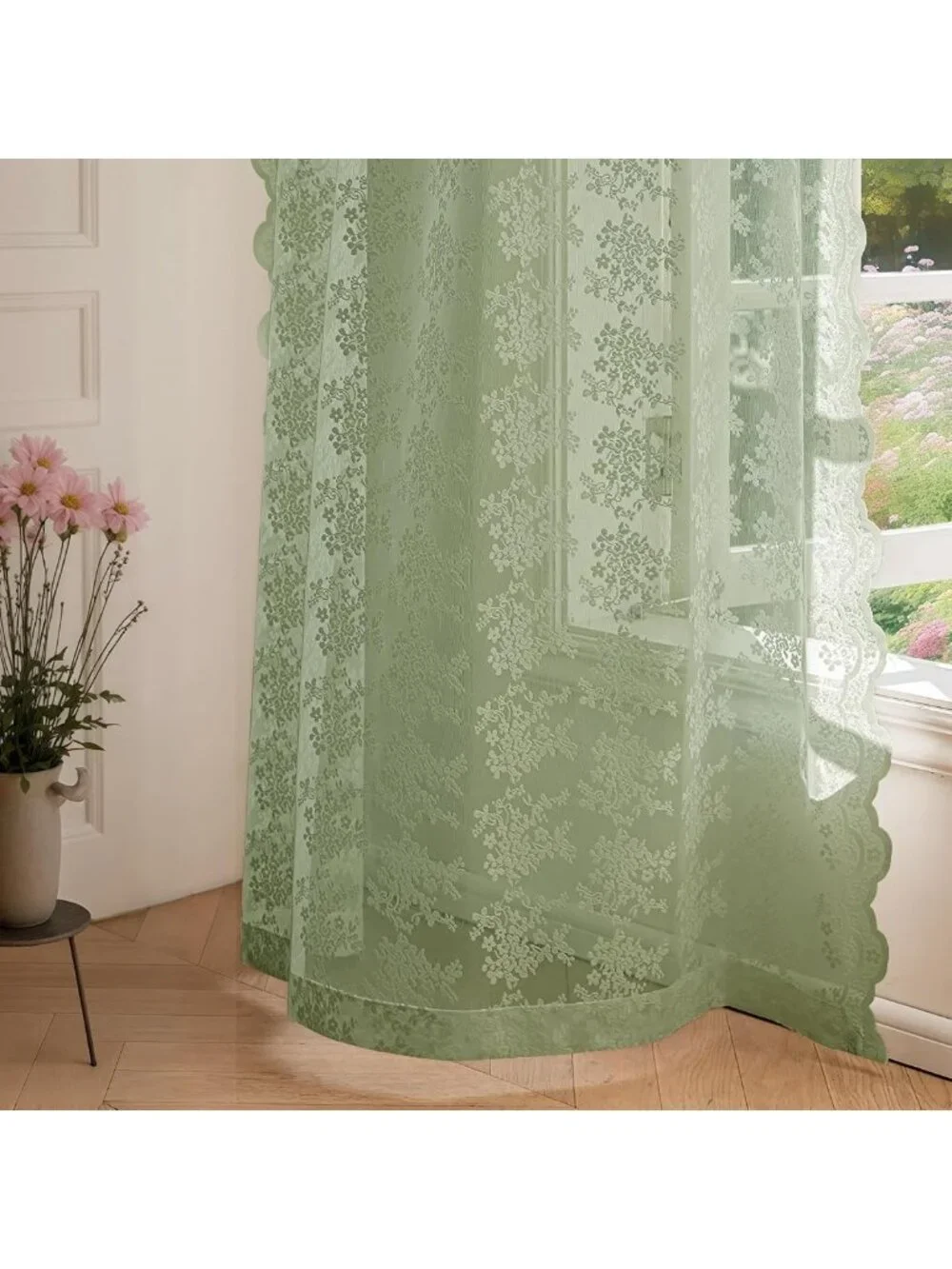 Vintage Sage Green Lace Curtains - 84